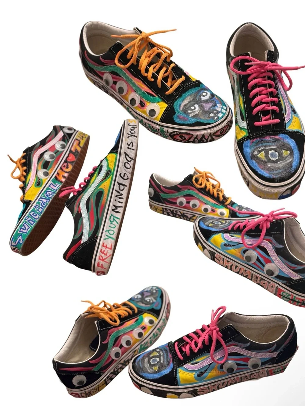 Vans Hand-Painted Multicolor Canvas Sneakers with Pink & Orange Laces